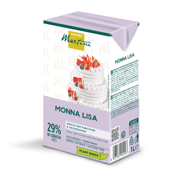Caixa de 1L de creme de chantilly vegetal Master Martini Monna Lisa, 29% de gordura, sem lactose, com imagem de bolo ...