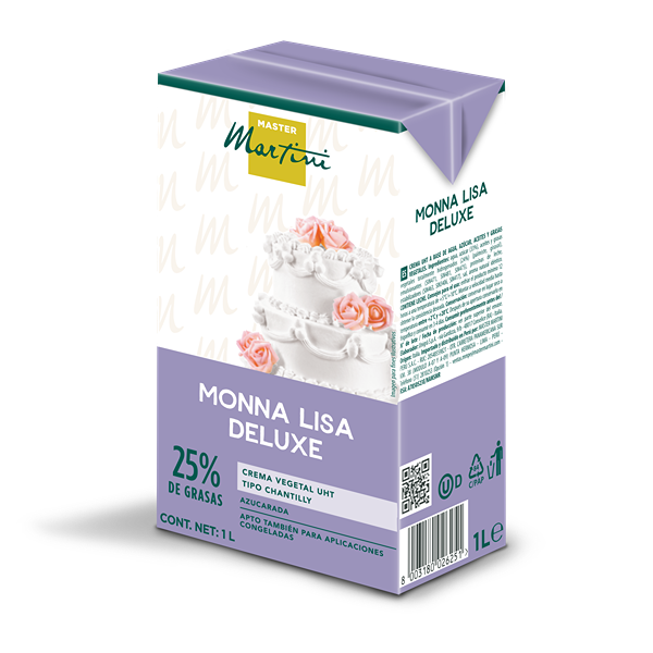 Caixa roxa de 1L de creme de leite para chantilly Master Martini Monna Lisa Deluxe, 25% de gordura, com imagem de bol...