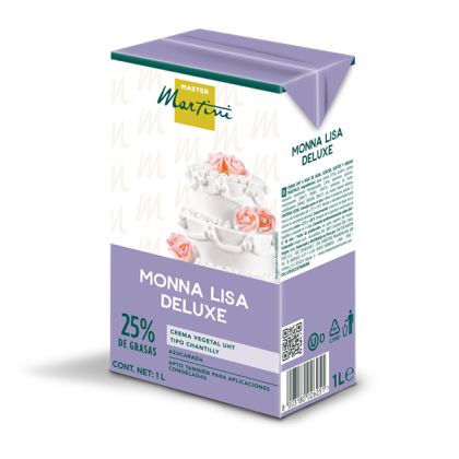 Caixa roxa de 1L de creme de leite para chantilly Master Martini Monna Lisa Deluxe, 25% de gordura, com imagem de bol...