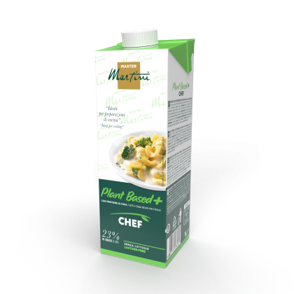 Caixa de creme culinário sem lactose Master Martini Plant Based+ Chef, com massa e brócolis, 1L, 23% de gordura.
