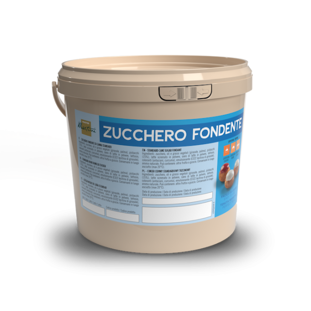 Balde plástico bege rotulado como "Zucchero Fondente" com rótulo azul e branco, em fundo branco.